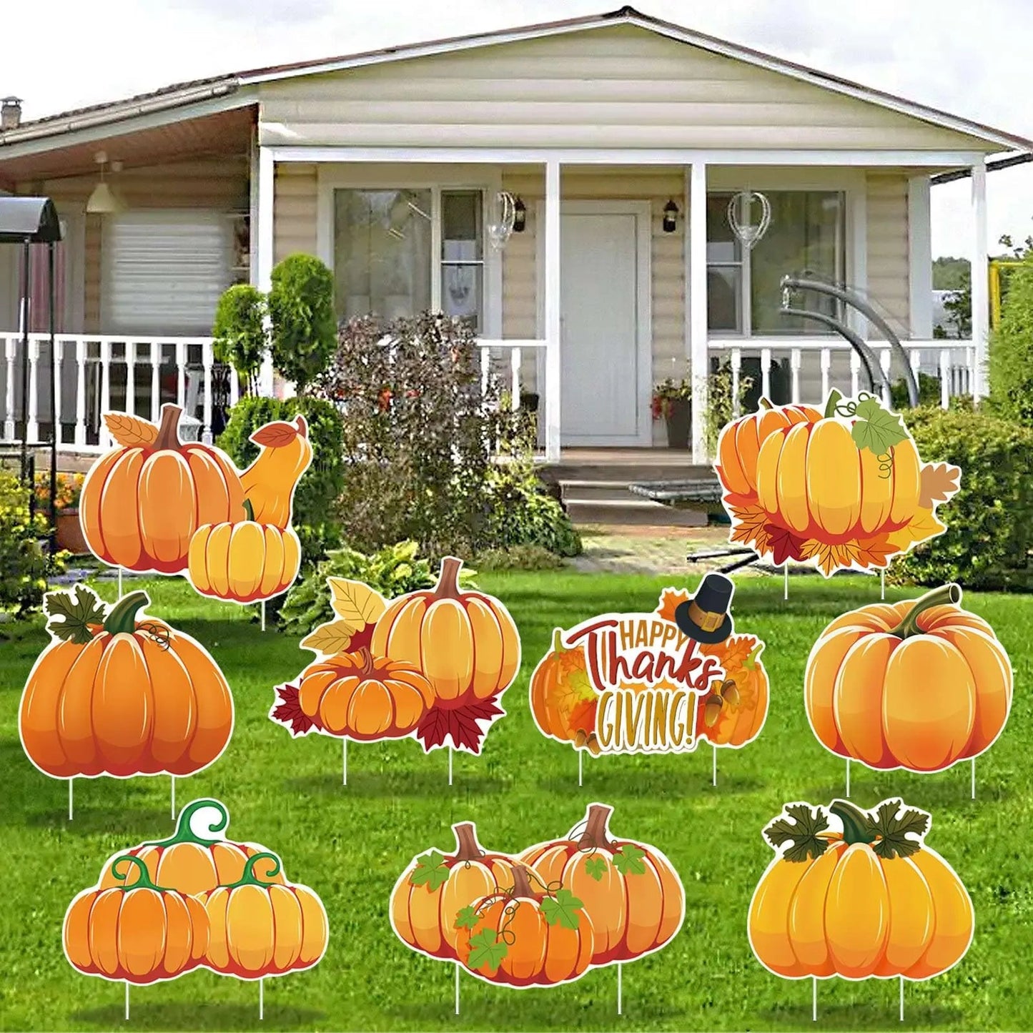 Fall Thanksgiving Yard Signs Decorations - 9Pcs Outdoor Orange Pumpkins Harvest Garden Wall Porch Signs with Stakes Seasonal Holiday Party Supplies Lawn Yard Decorations (9PC) - North State Signs & Printing