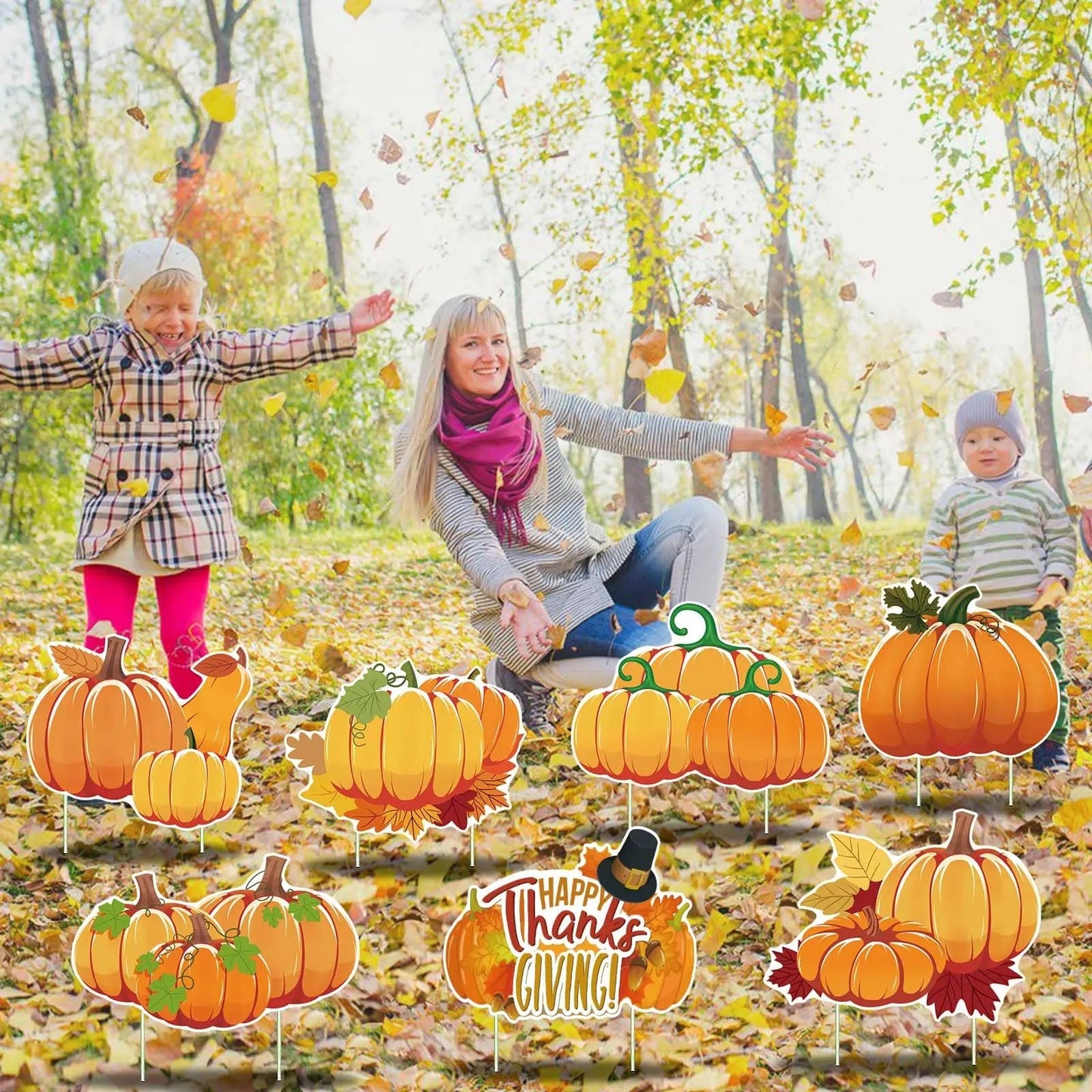 Fall Thanksgiving Yard Signs Decorations - 9Pcs Outdoor Orange Pumpkins Harvest Garden Wall Porch Signs with Stakes Seasonal Holiday Party Supplies Lawn Yard Decorations (9PC) - North State Signs & Printing