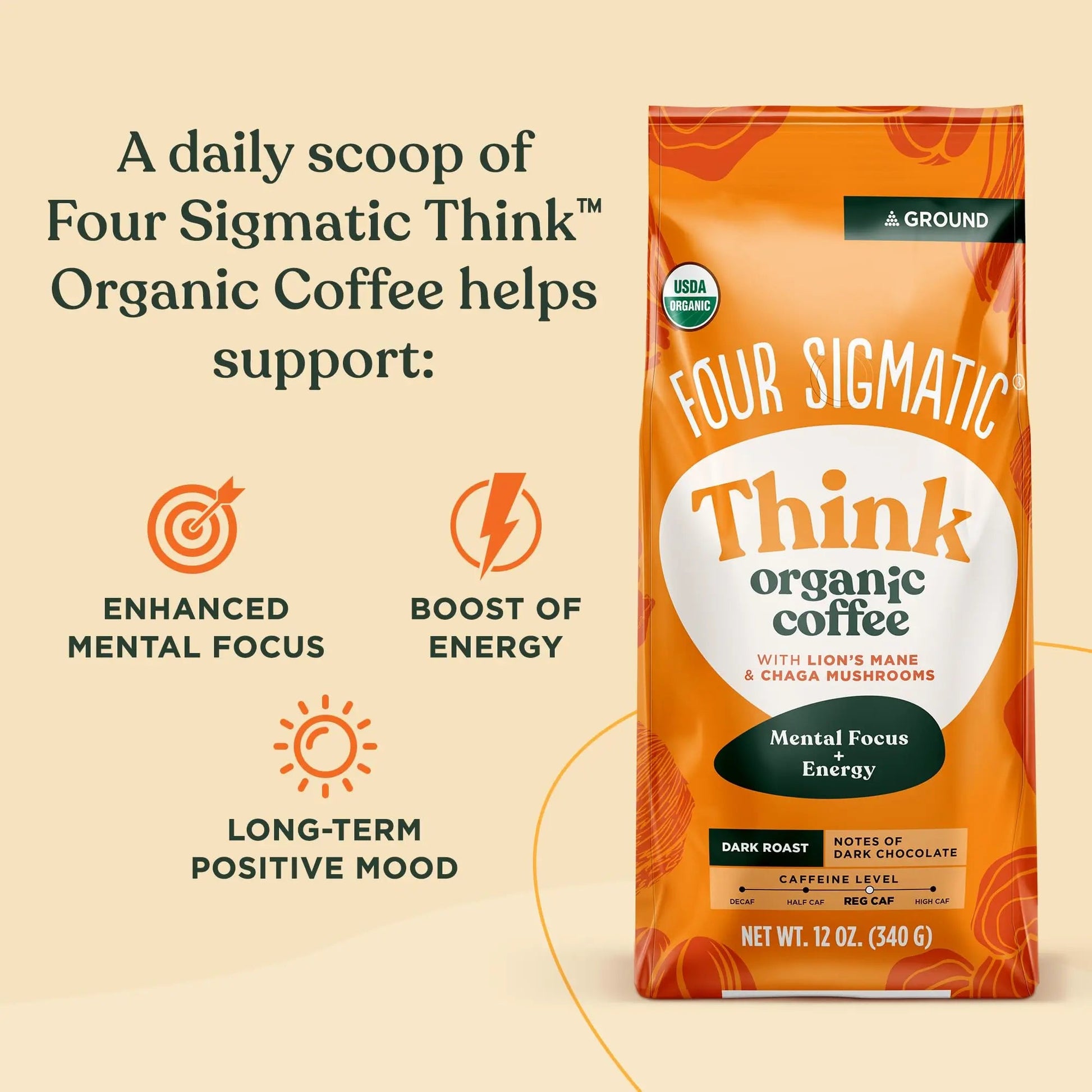 Four Sigmatic Focus Mushroom Coffee | Organic Ground Coffee with Lion's Mane Mushroom and Chaga Mushroom | Nootropic Mushroom Coffee for Better Focus and Immune Support | 12oz Bag - North State Signs & Printing