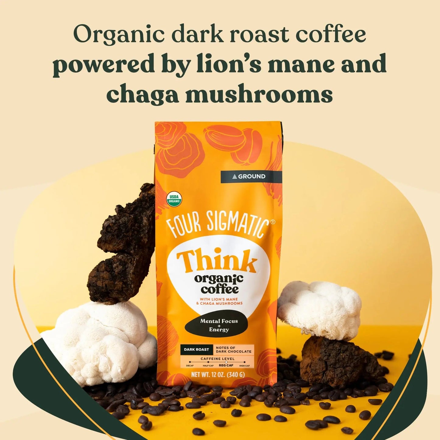 Four Sigmatic Focus Mushroom Coffee | Organic Ground Coffee with Lion's Mane Mushroom and Chaga Mushroom | Nootropic Mushroom Coffee for Better Focus and Immune Support | 12oz Bag - North State Signs & Printing