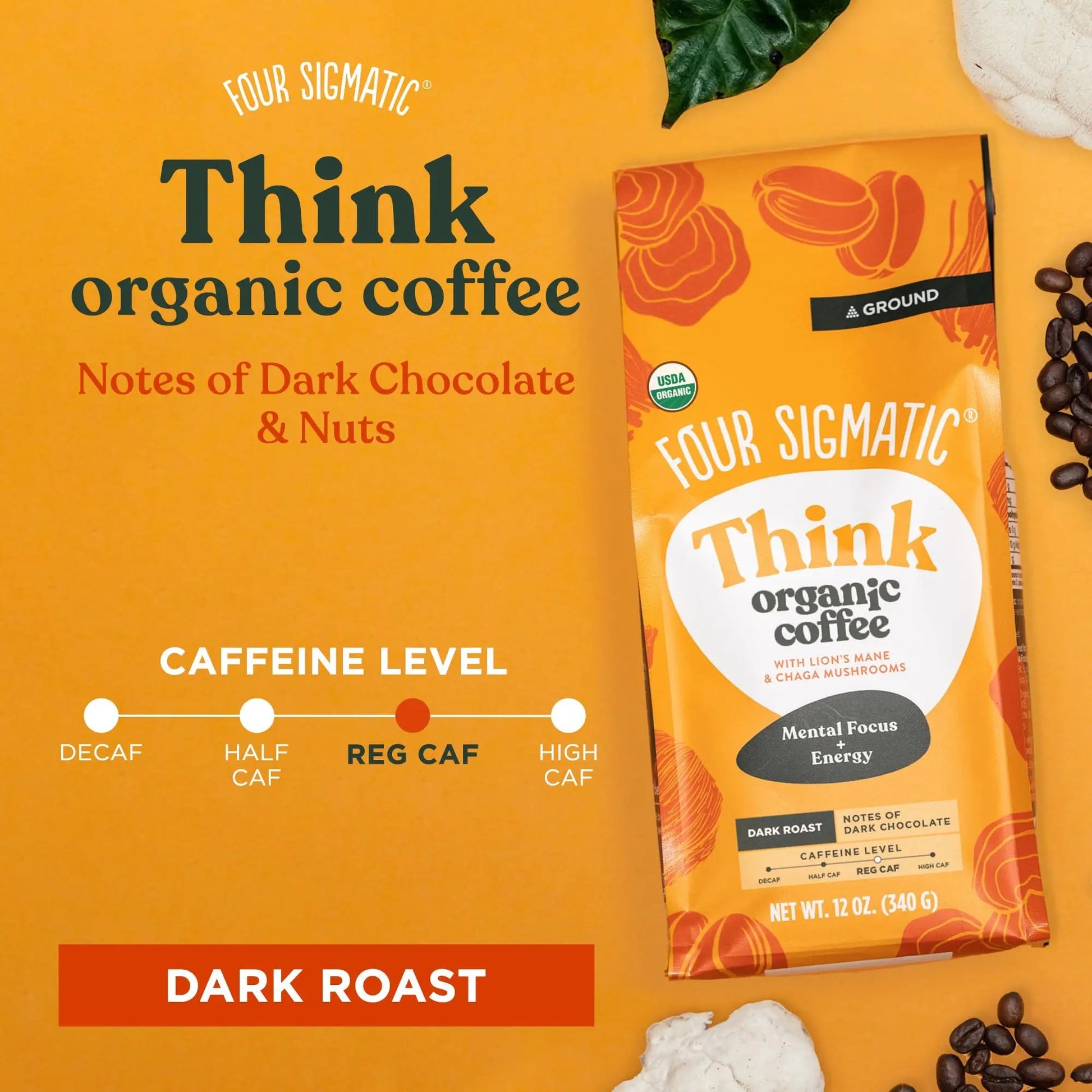 Four Sigmatic Focus Mushroom Coffee | Organic Ground Coffee with Lion's Mane Mushroom and Chaga Mushroom | Nootropic Mushroom Coffee for Better Focus and Immune Support | 12oz Bag - North State Signs & Printing