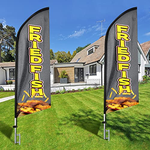 FSFLAG Fried Fish Advertising Swooper Flag Banner Fried Fish Feather Flag Pole Kit and Ground Stake Advertising Feather