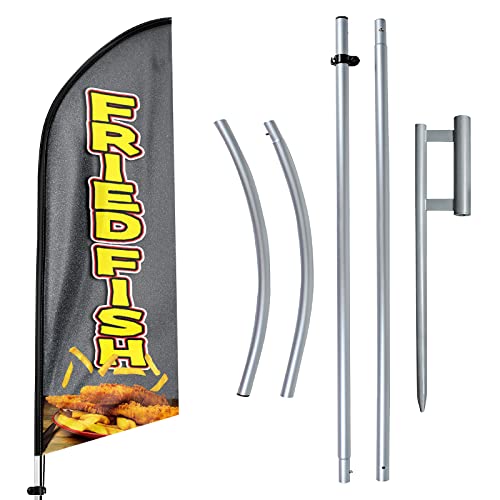 FSFLAG Fried Fish Advertising Swooper Flag Banner Fried Fish Feather Flag Pole Kit and Ground Stake Advertising Feather