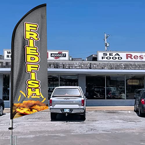 FSFLAG Fried Fish Advertising Swooper Flag Banner Fried Fish Feather Flag Pole Kit and Ground Stake Advertising Feather