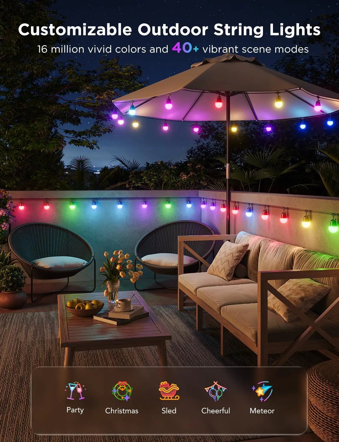 Govee Smart Outdoor String Lights 2, 144ft Outdoor Lights with Dimmable Warm White LED Bulbs, 47 Scene Modes for Patio, Backyard, Balcony, IP65 Waterproof, Works with Alexa, App Control - North State Signs & Printing