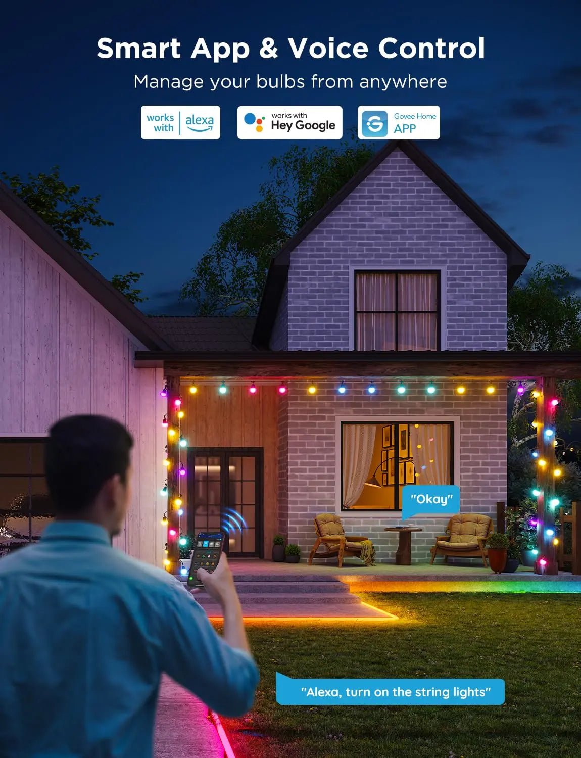 Govee Smart Outdoor String Lights 2, 144ft Outdoor Lights with Dimmable Warm White LED Bulbs, 47 Scene Modes for Patio, Backyard, Balcony, IP65 Waterproof, Works with Alexa, App Control - North State Signs & Printing