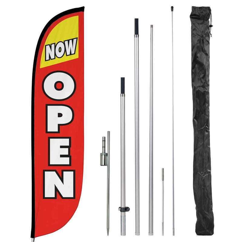 Grand Opening Banner Flags - Now Open Feather Banner Flag Pole Kit - Feather Flag Feather Flag 12 Feet Tall Advertising Flag Banner with Fiberglass Pole Kit and Ground Spike for Business Promotion - Grand Opening Flags - Now Open Red & Yellow (10M1200030) - North State Signs & Printing