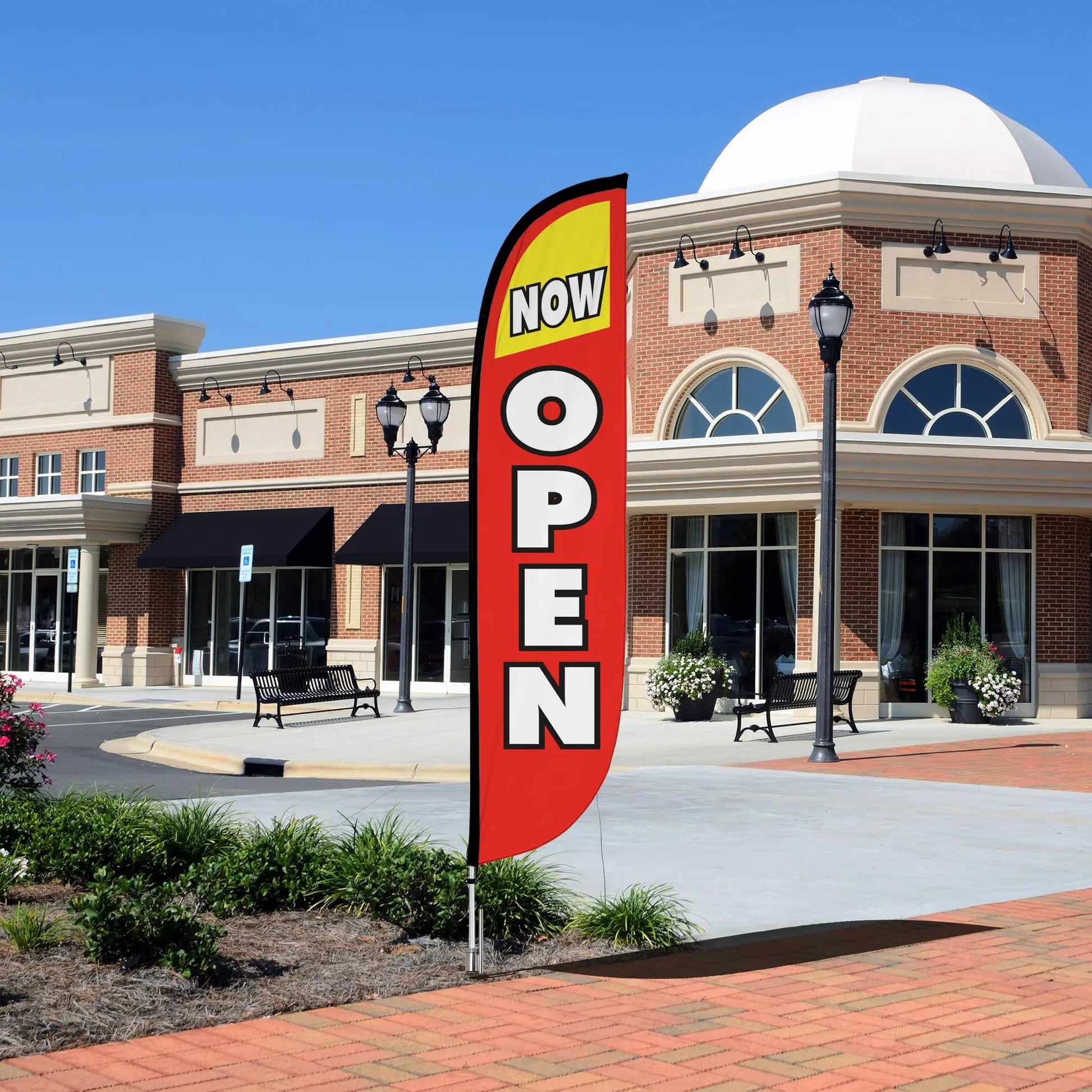 Grand Opening Banner Flags - Now Open Feather Banner Flag Pole Kit - Feather Flag Feather Flag 12 Feet Tall Advertising Flag Banner with Fiberglass Pole Kit and Ground Spike for Business Promotion - Grand Opening Flags - Now Open Red & Yellow (10M1200030) - North State Signs & Printing
