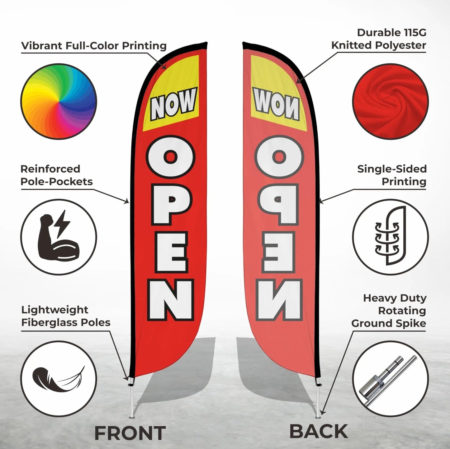 Grand Opening Banner Flags - Now Open Feather Banner Flag Pole Kit - Feather Flag Feather Flag 12 Feet Tall Advertising Flag Banner with Fiberglass Pole Kit and Ground Spike for Business Promotion - Grand Opening Flags - Now Open Red & Yellow (10M1200030) - North State Signs & Printing
