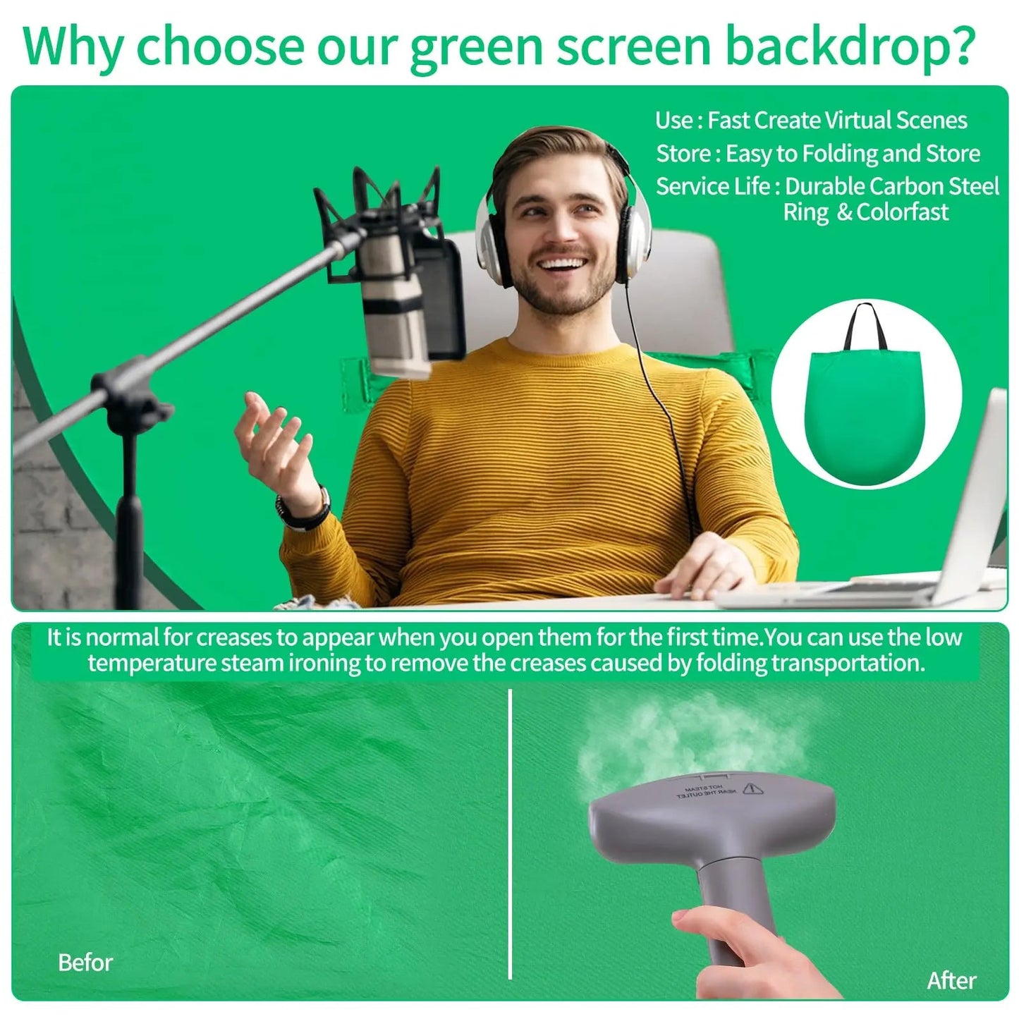 Green Screen Chair,56 IN Collapsible Green Screen Backdrop Kit,Pop Up Green Screen for Streaming with Storage Bag，Portable Greenscreen Backdrop for Photography,Gaming,Streaming,Zoom Meeting and Gaming - North State Signs & Printing