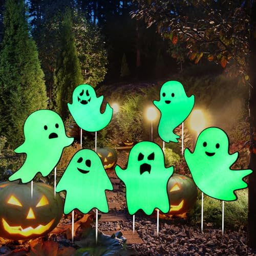 Halloween Decorations Outdoor Yard Signs,Glow in the Dark 6PCS Halloween Scary Ghost Yard Signs with Stakes for Spooky