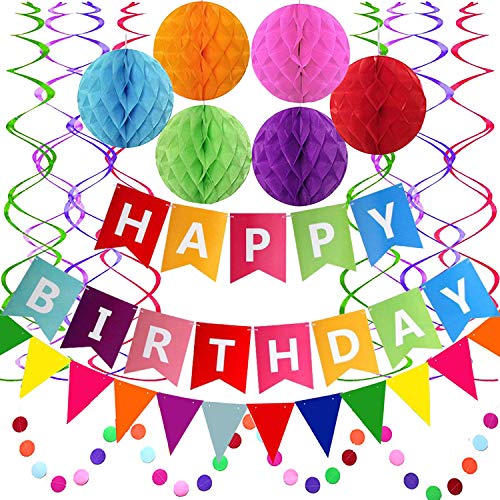 Happy Birthday Banner With Colorful Paper Flag Bunting Paper Circle Confetti Garland Swirl Streamers Honeycomb ball