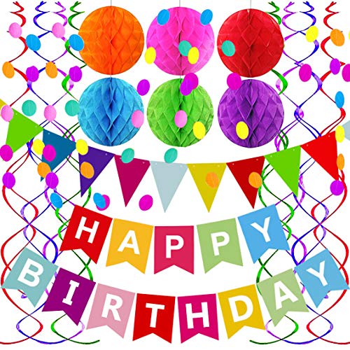 Happy Birthday Banner With Colorful Paper Flag Bunting Paper Circle Confetti Garland Swirl Streamers Honeycomb ball