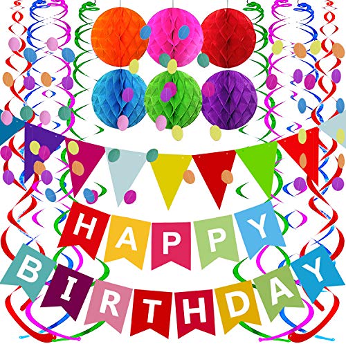 Happy Birthday Banner With Colorful Paper Flag Bunting Paper Circle Confetti Garland Swirl Streamers Honeycomb ball