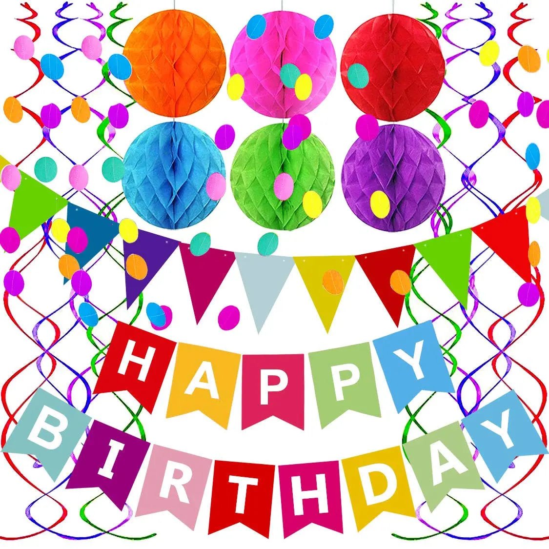 Happy Birthday Banner with Colorful Paper Flag Bunting Paper Circle Confetti Garland Swirl Streamers Honeycomb Ball for Birthday Party by Fecedy - North State Signs & Printing