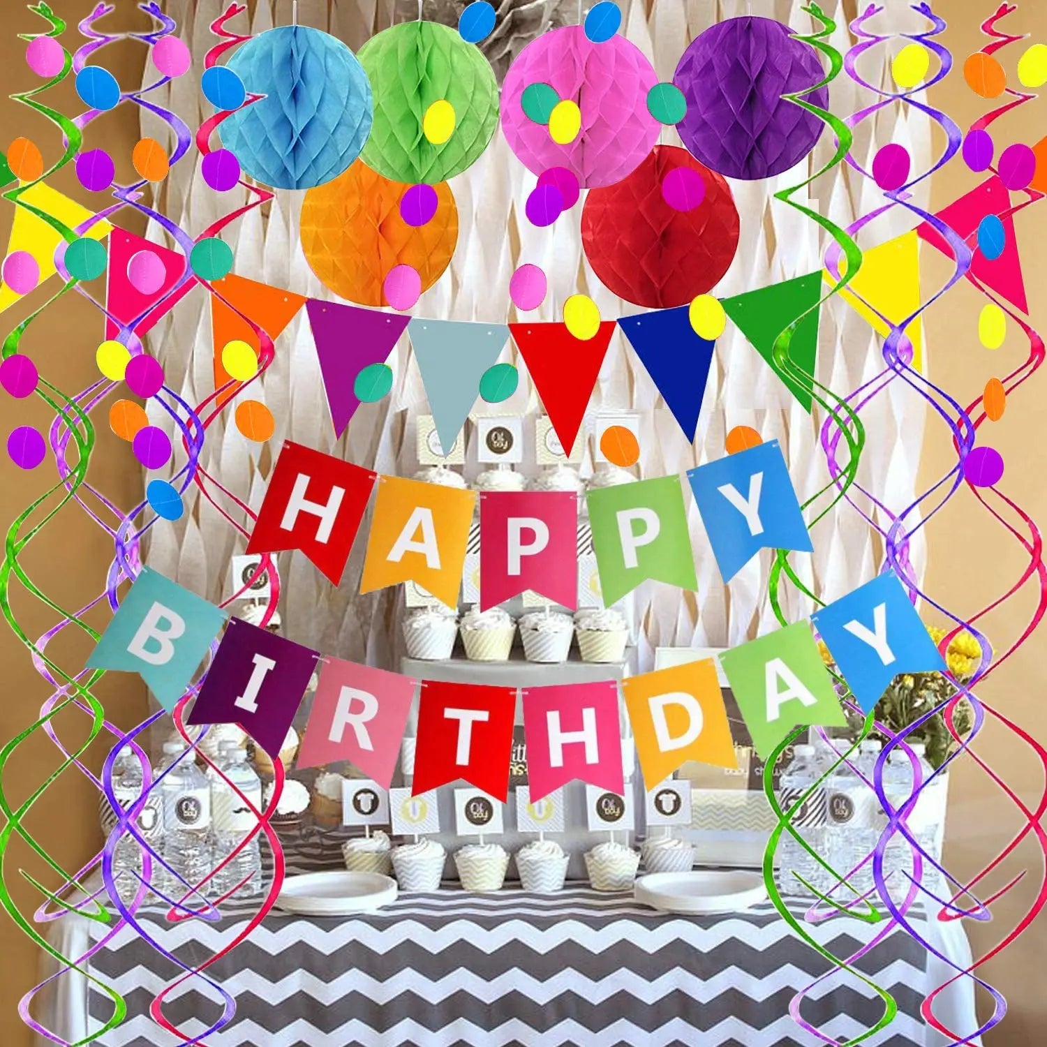 Happy Birthday Banner with Colorful Paper Flag Bunting Paper Circle Confetti Garland Swirl Streamers Honeycomb Ball for Birthday Party by Fecedy - North State Signs & Printing