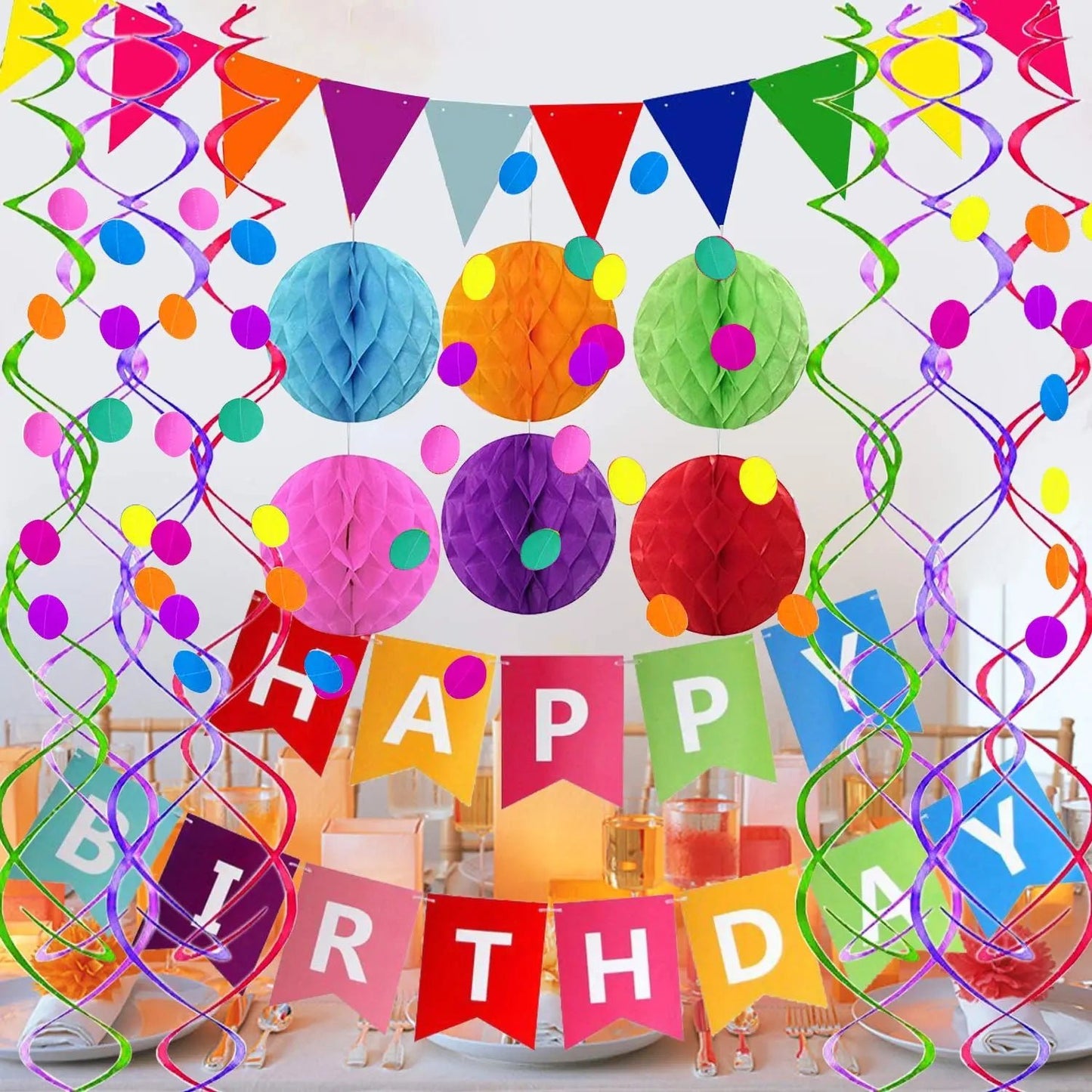 Happy Birthday Banner with Colorful Paper Flag Bunting Paper Circle Confetti Garland Swirl Streamers Honeycomb Ball for Birthday Party by Fecedy - North State Signs & Printing