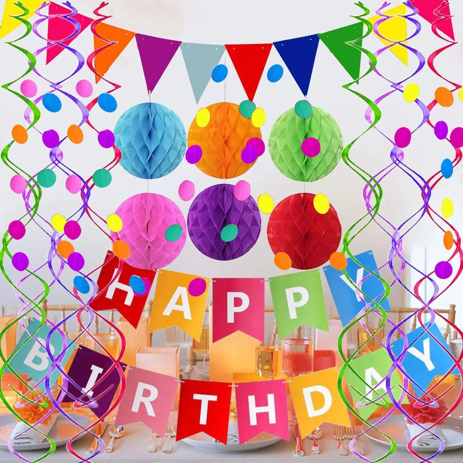 Happy Birthday Banner with Colorful Paper Flag Bunting Paper Circle Confetti Garland Swirl Streamers Honeycomb Ball for Birthday Party by Fecedy - North State Signs & Printing