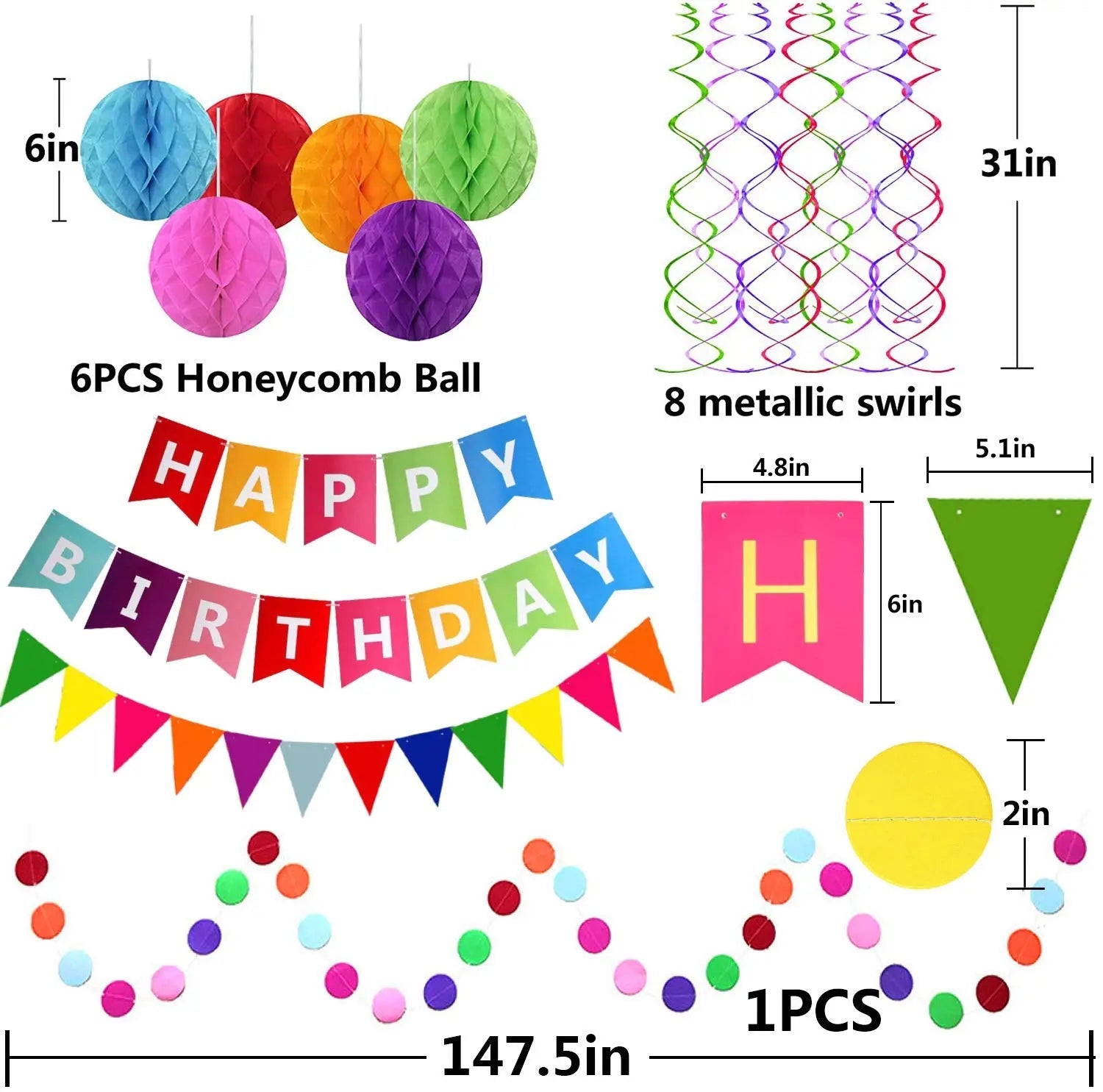 Happy Birthday Banner with Colorful Paper Flag Bunting Paper Circle Confetti Garland Swirl Streamers Honeycomb Ball for Birthday Party by Fecedy - North State Signs & Printing