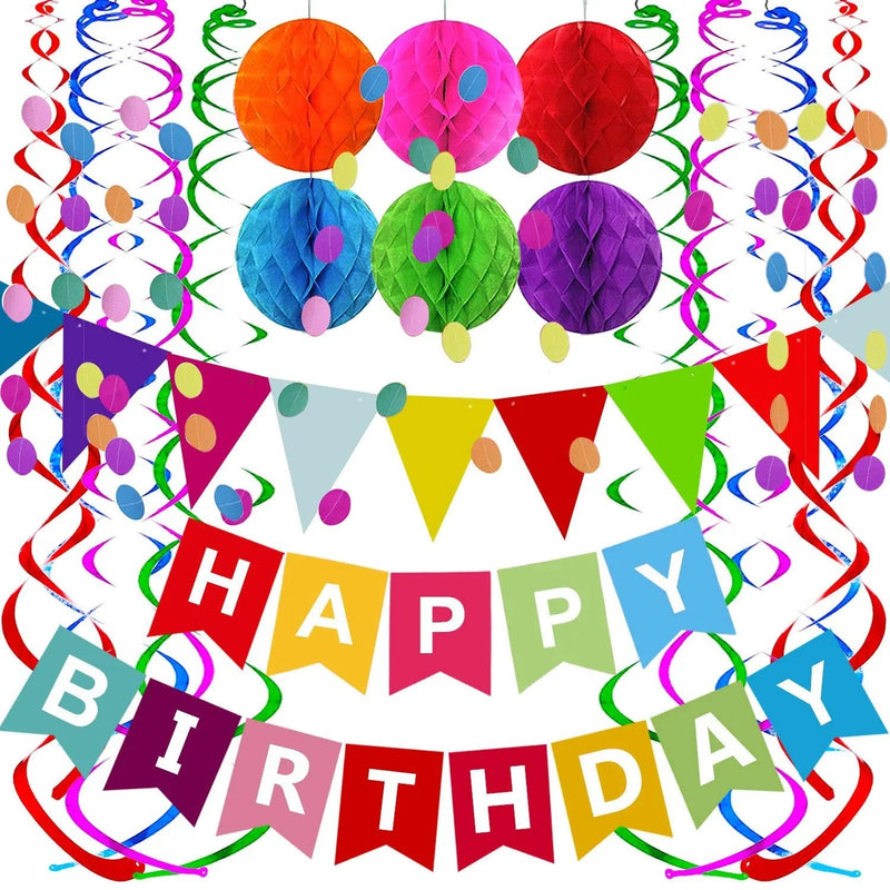 Happy Birthday Banner with Colorful Paper Flag Bunting Paper Circle Confetti Garland Swirl Streamers Honeycomb Ball for Birthday Party by Fecedy - North State Signs & Printing