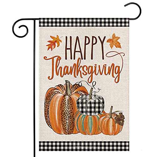 Happy Thanksgiving Fall Garden Flags for Outdoor,12x18 Double Sided,Harvest Buffalo Plaid Pumpkins Yard Flags,Small