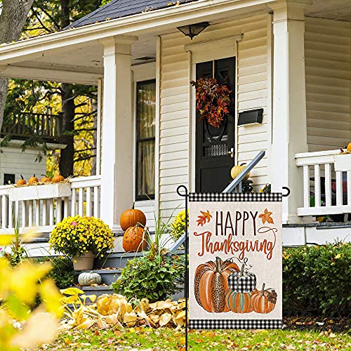 Happy Thanksgiving Fall Garden Flags for Outdoor,12x18 Double Sided,Harvest Buffalo Plaid Pumpkins Yard Flags,Small