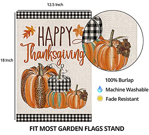 Happy Thanksgiving Fall Garden Flags for Outdoor,12x18 Double Sided,Harvest Buffalo Plaid Pumpkins Yard Flags,Small