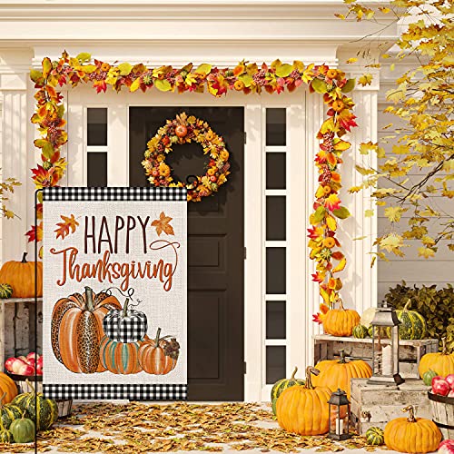 Happy Thanksgiving Fall Garden Flags for Outdoor,12x18 Double Sided,Harvest Buffalo Plaid Pumpkins Yard Flags,Small