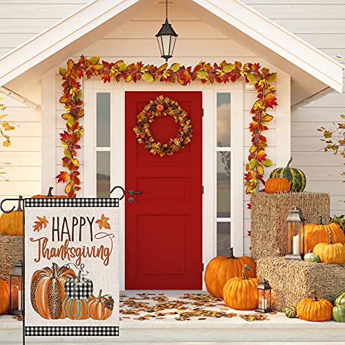 Happy Thanksgiving Fall Garden Flags for Outdoor,12x18 Double Sided,Harvest Buffalo Plaid Pumpkins Yard Flags,Small