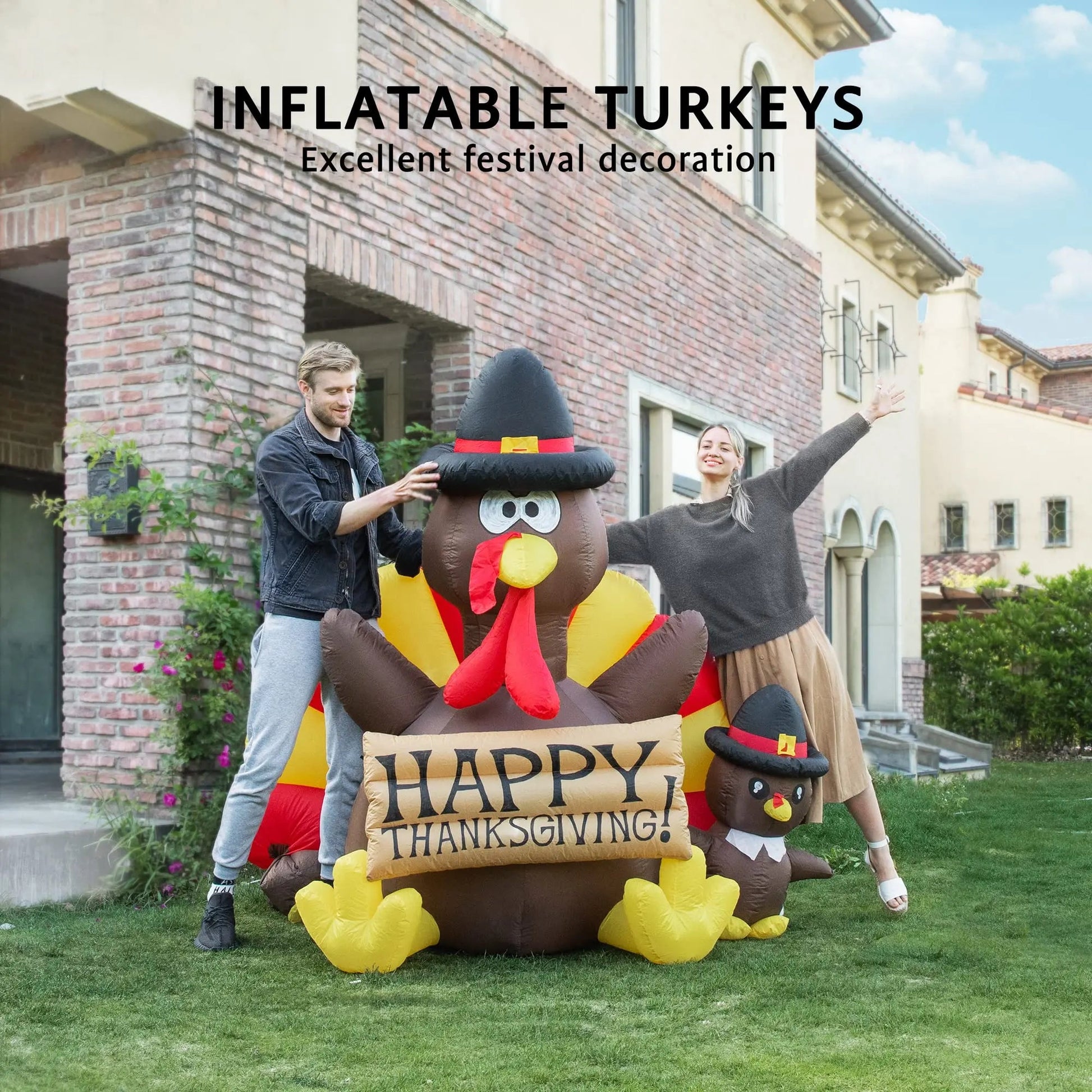 Happy Thanksgiving Inflatable LED Lighted Turkey Family Blow up Outdoor Lawn Yard Decoration VIVOHOME 6ft Height - North State Signs & Printing