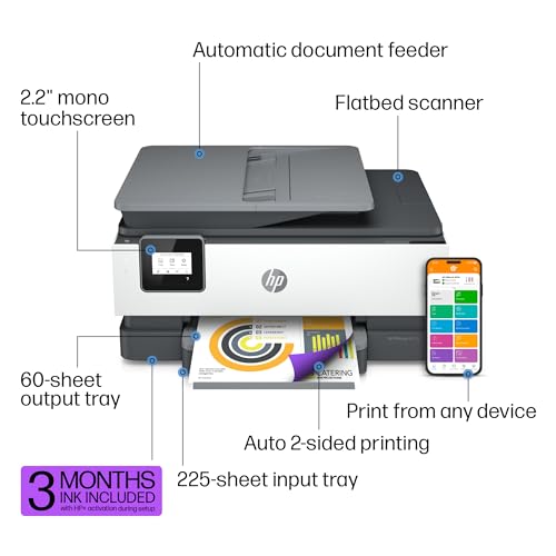 HP OfficeJet 8015e Wireless Color All-in-One Printer with 6 months of ink included with HP + (228F5A) - Office Printer