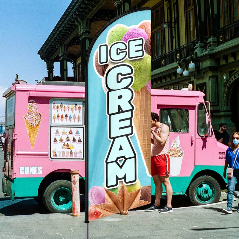 Ice Cream Flag, 11FT Windless Feather Flag QSUM with Aluminum Alloy Flagpole/Stainless Steel Ground Stake/Portable Bag, Ice Cream Signs for Business Advertising - North State Signs & Printing