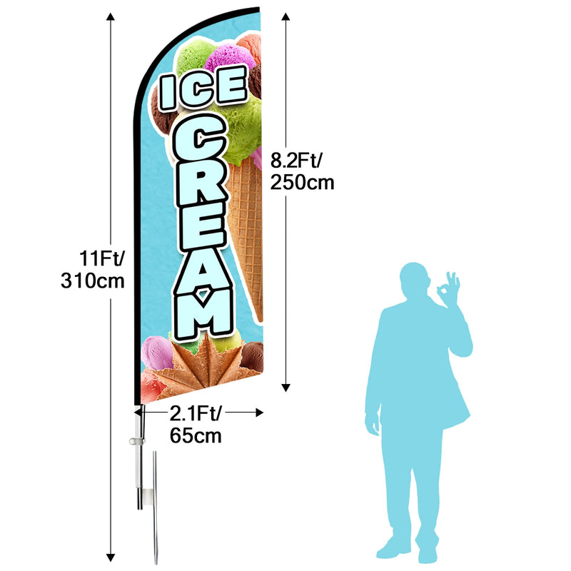 QSUM Ice Cream Flag 11FT Windless Feather Flag with Aluminum Alloy Flagpole/Stainless Steel Ground Stake/Portable Bag