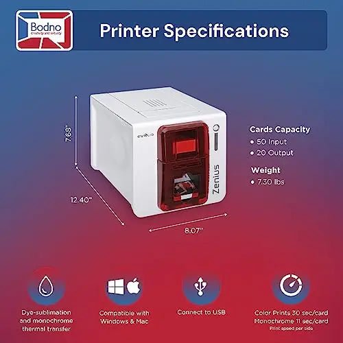 ID Card Printer Evolis Zenius Single Sided & Complete Supplies Package with Bodno Silver Edition ID Software - North State Signs & Printing