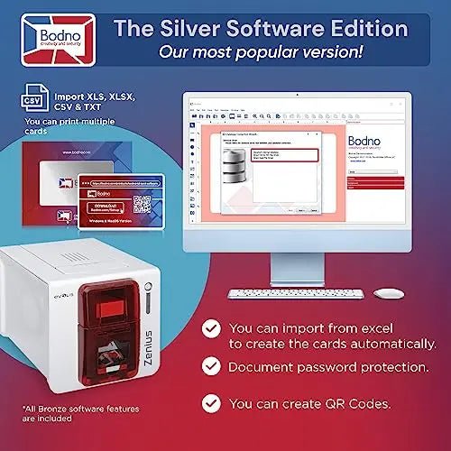 ID Card Printer Evolis Zenius Single Sided & Complete Supplies Package with Bodno Silver Edition ID Software - North State Signs & Printing