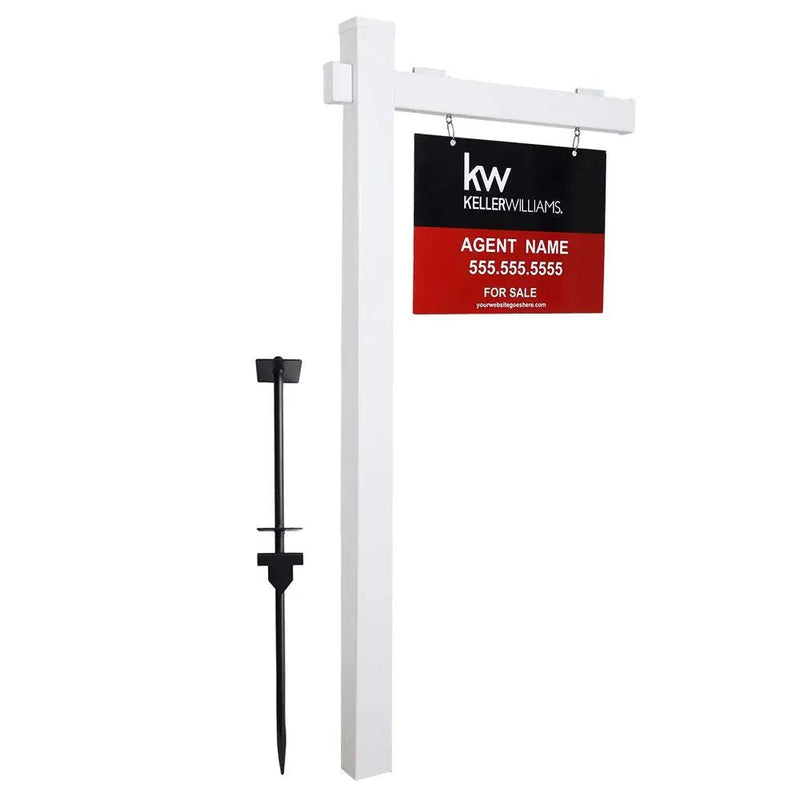 Kdgarden Vinyl PVC 6 - Feet Real Estate Sign Post, Realtor Yard Sign Post for Open House and Home for Sale, 47" Arm Holds Up to 36" Sign, White with Flat Cap(No Sign) - North State Signs & Printing