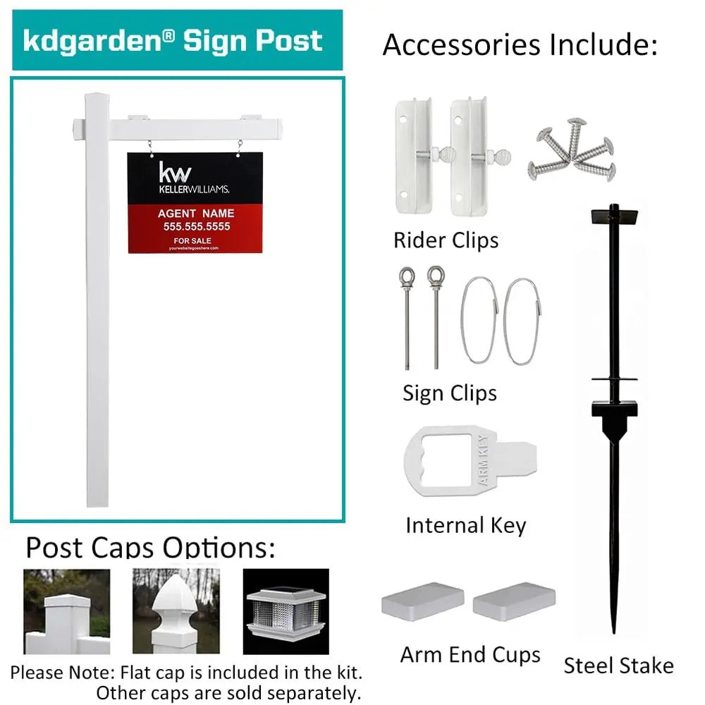 Kdgarden Vinyl PVC 6 - Feet Real Estate Sign Post, Realtor Yard Sign Post for Open House and Home for Sale, 47" Arm Holds Up to 36" Sign, White with Flat Cap(No Sign) - North State Signs & Printing