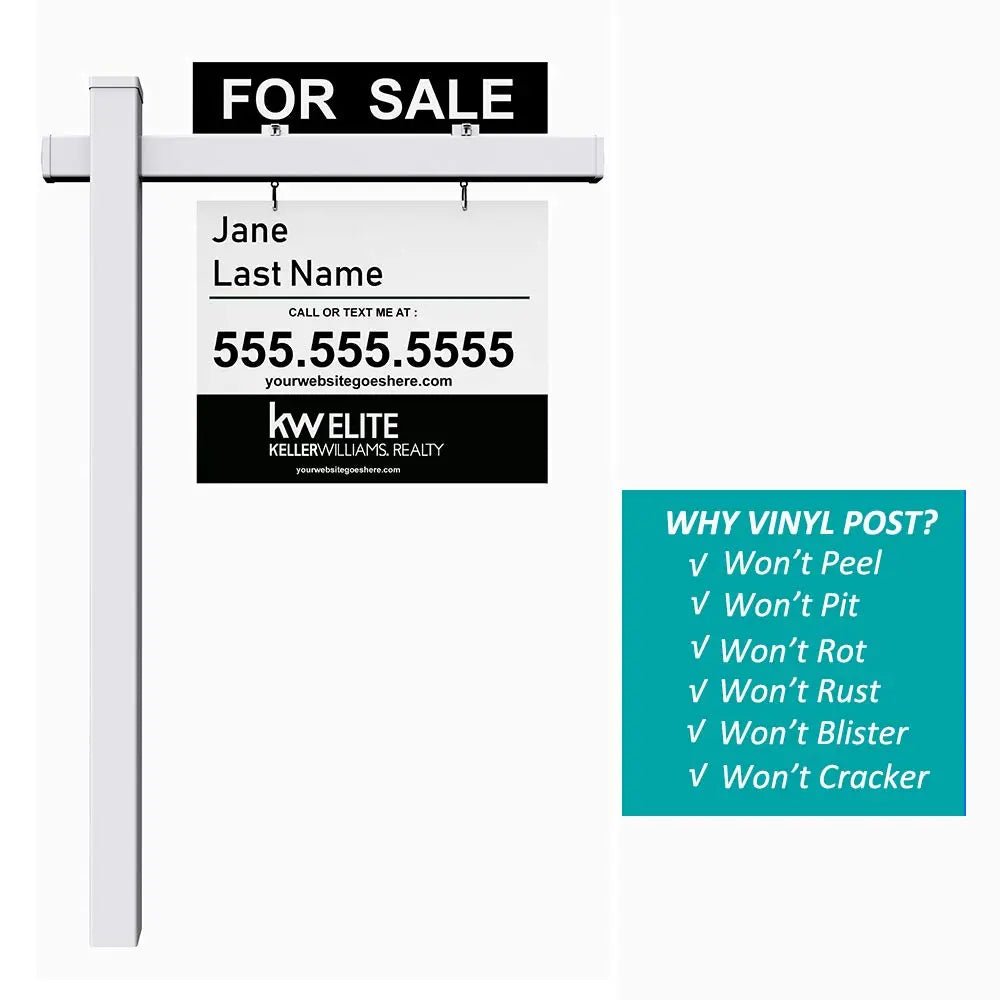 Kdgarden Vinyl PVC 6 - Feet Real Estate Sign Post, Realtor Yard Sign Post for Open House and Home for Sale, 47" Arm Holds Up to 36" Sign, White with Flat Cap(No Sign) - North State Signs & Printing
