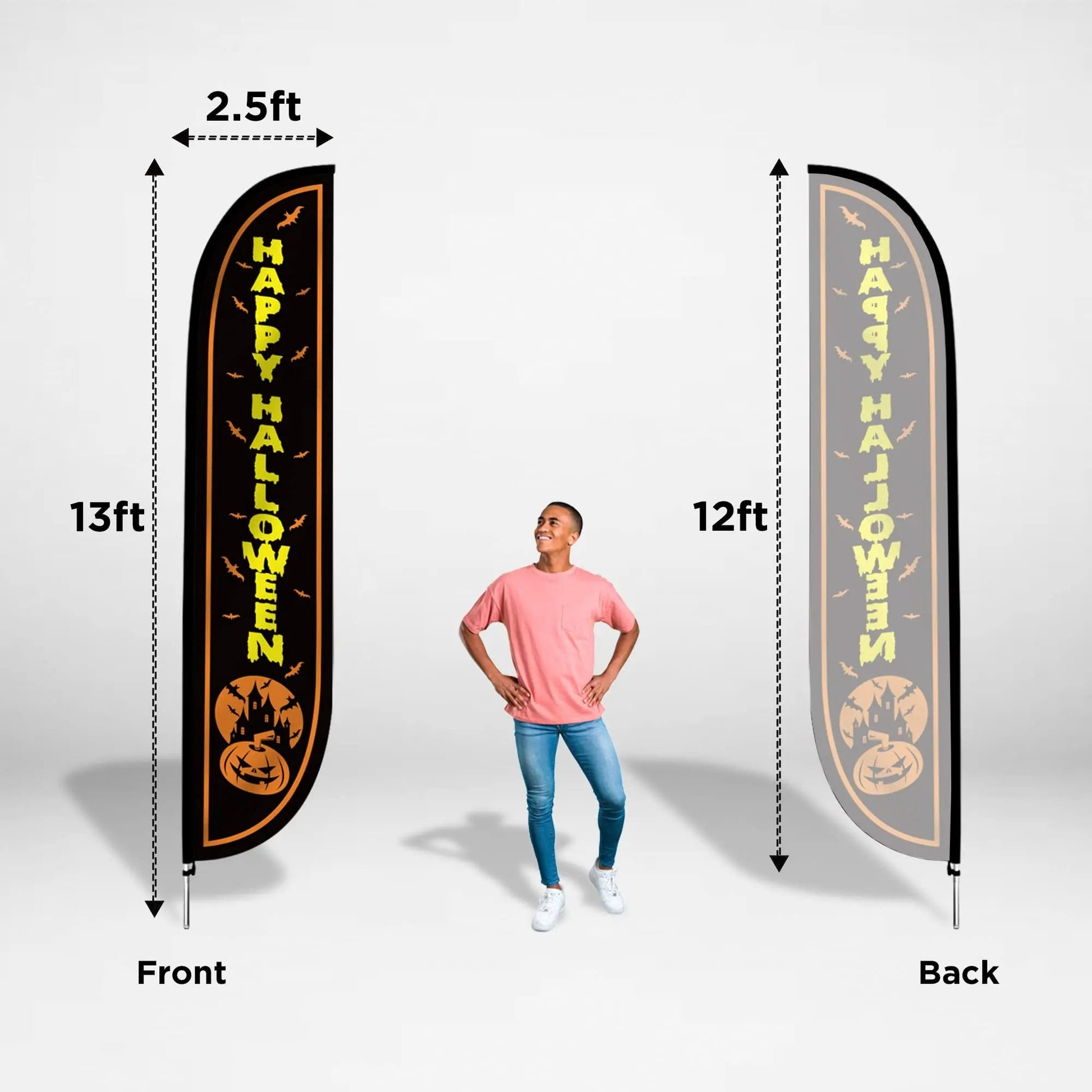 LookOurWay Feather Flag Pole Kit - 12 Feet Tall Advertising Flag Banner with Fiberglass Pole Kit and Ground Spike for Business Promotion - Halloween Flag - Happy Halloween (10M1200086) - North State Signs & Printing
