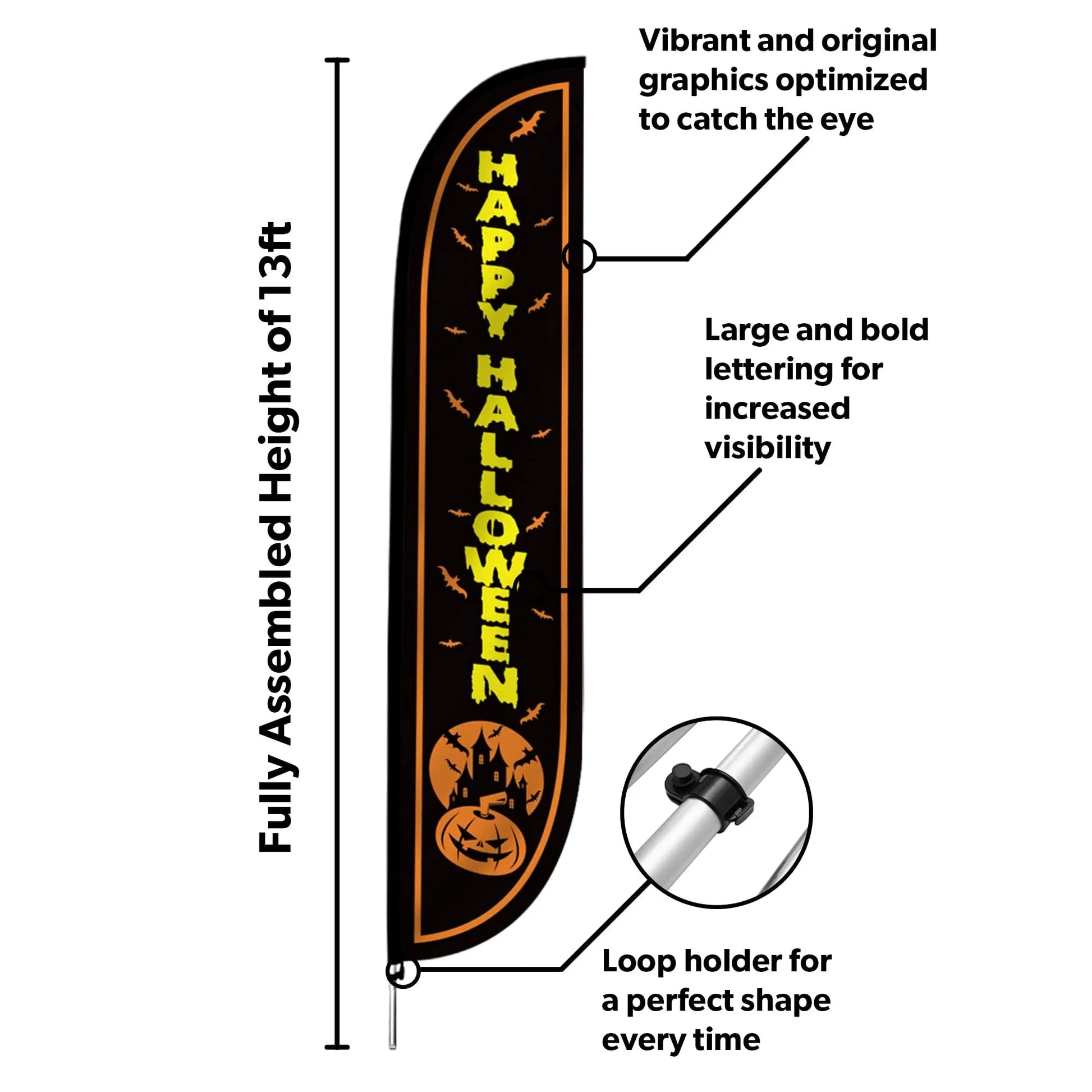LookOurWay Feather Flag Pole Kit - 12 Feet Tall Advertising Flag Banner with Fiberglass Pole Kit and Ground Spike for Business Promotion - Halloween Flag - Happy Halloween (10M1200086) - North State Signs & Printing