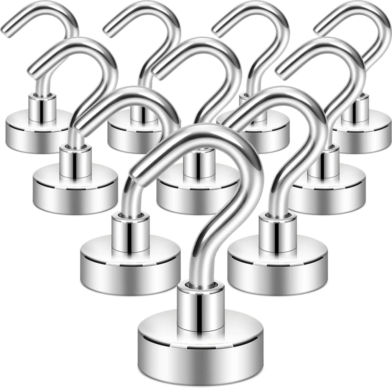 Magnetic Hooks, 27 lb+ Heavy Duty Earth Magnets with Hook for Refrigerator, Extra Strong Cruise Hook for Hanging, Magnetic Hanger for Cabins, Grill (Silver White, Pack of 10) - North State Signs & Printing