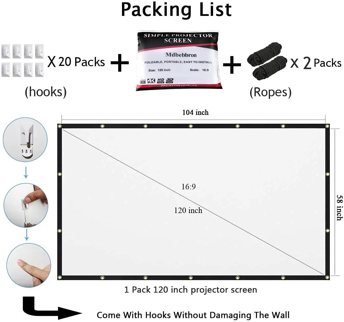 Mdbebbron 120 inch Projector Screen 16:9 Foldable Anti - Crease Portable Projector Movies Screens for Home Theater Outdoor Indoor Support Double Sided Projection - North State Signs & Printing