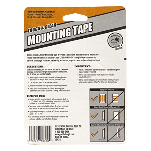 Gorilla Tough & Clear Double Sided Adhesive Mounting Tape Extra Large 1’’ x 150’’ Clear (Pack of 1) - Tape