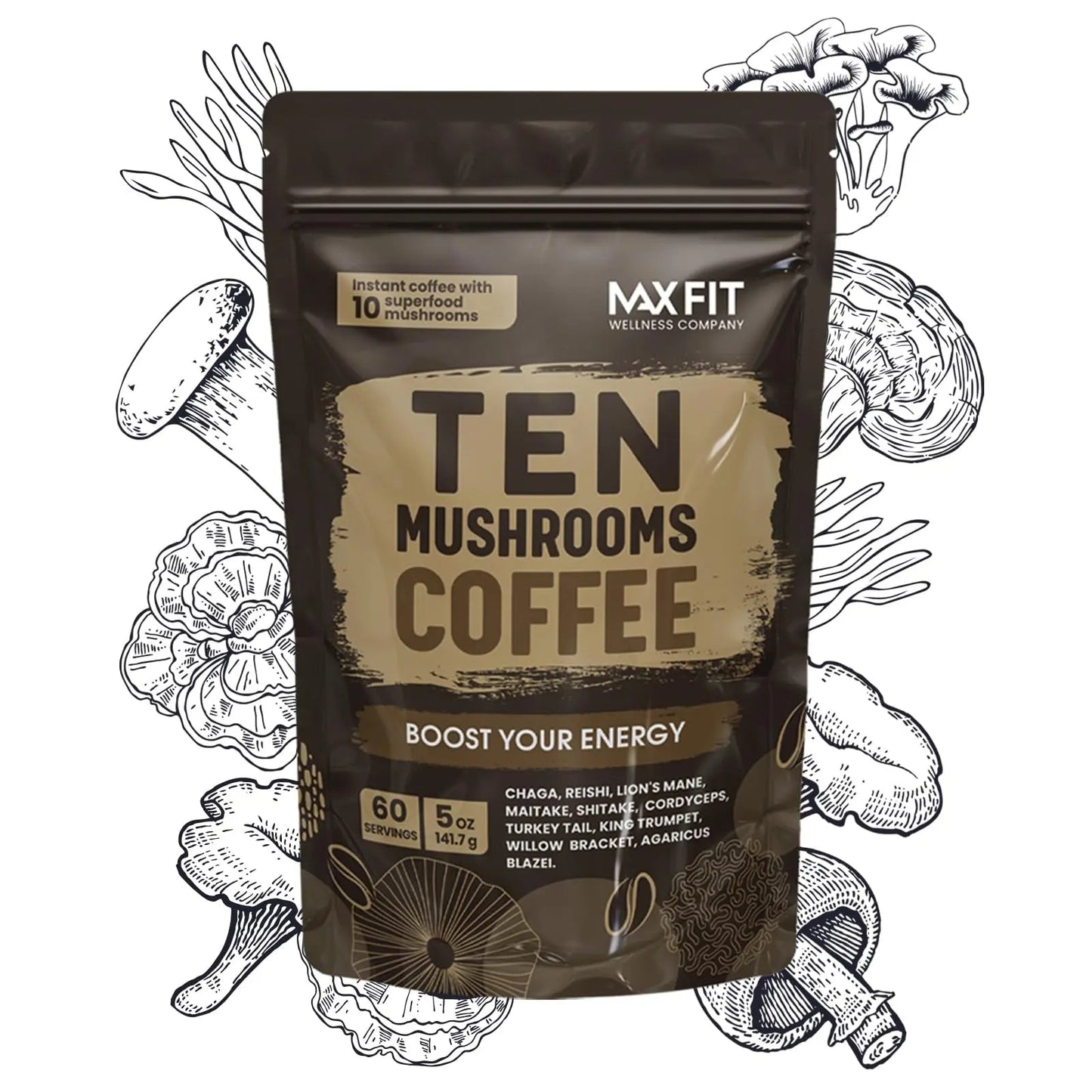 Mushroom Coffee Organic (60 Servings) 10 Mushrooms (Lion’s Mane, Cordyceps, Turkey Tail & Other) Mixed With Gourmet Arabica Instant Immune Boosting Coffee for Focus & Gut Health Support - North State Signs & Printing