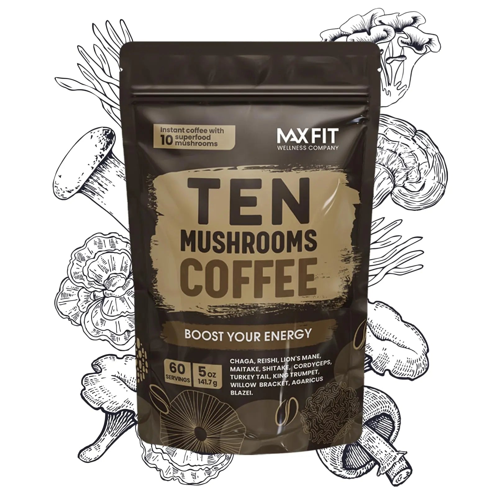 Mushroom Coffee Organic (60 Servings) 10 Mushrooms (Lion’s Mane, Cordyceps, Turkey Tail & Other) Mixed With Gourmet Arabica Instant Immune Boosting Coffee for Focus & Gut Health Support - North State Signs & Printing
