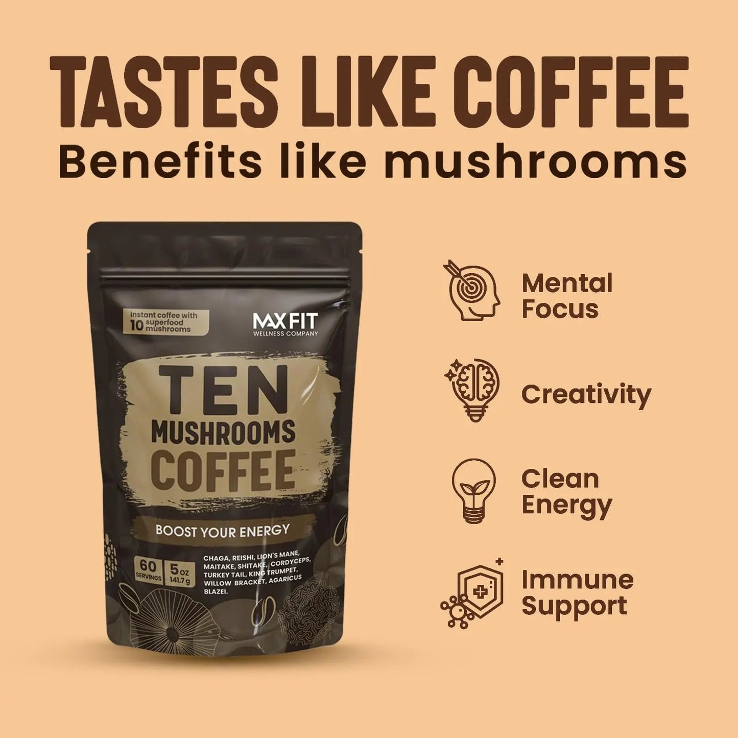 Mushroom Coffee Organic (60 Servings) 10 Mushrooms (Lion’s Mane, Cordyceps, Turkey Tail & Other) Mixed With Gourmet Arabica Instant Immune Boosting Coffee for Focus & Gut Health Support - North State Signs & Printing