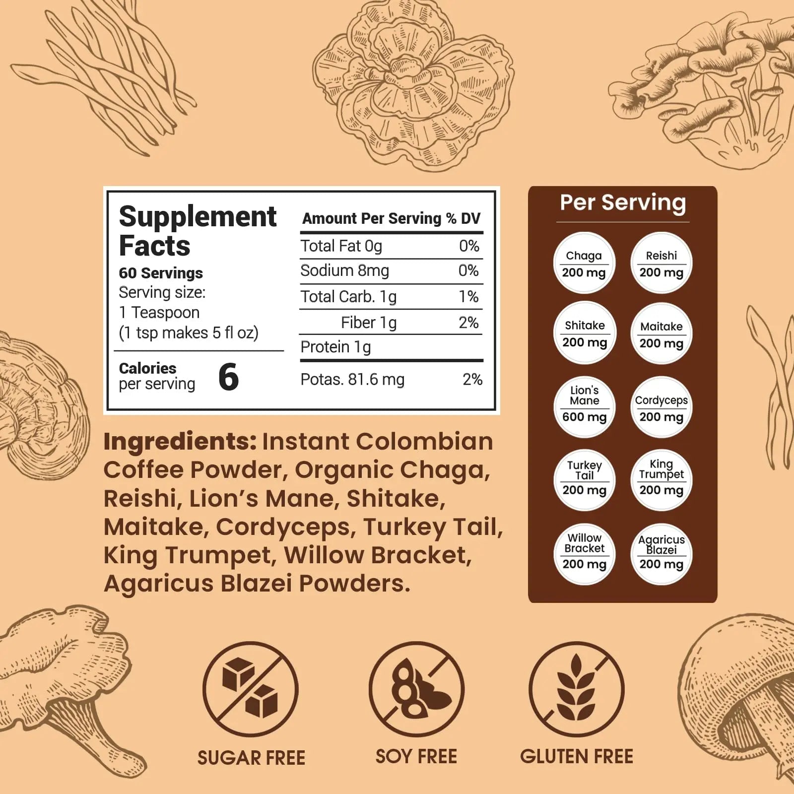 Mushroom Coffee Organic (60 Servings) 10 Mushrooms (Lion’s Mane, Cordyceps, Turkey Tail & Other) Mixed With Gourmet Arabica Instant Immune Boosting Coffee for Focus & Gut Health Support - North State Signs & Printing