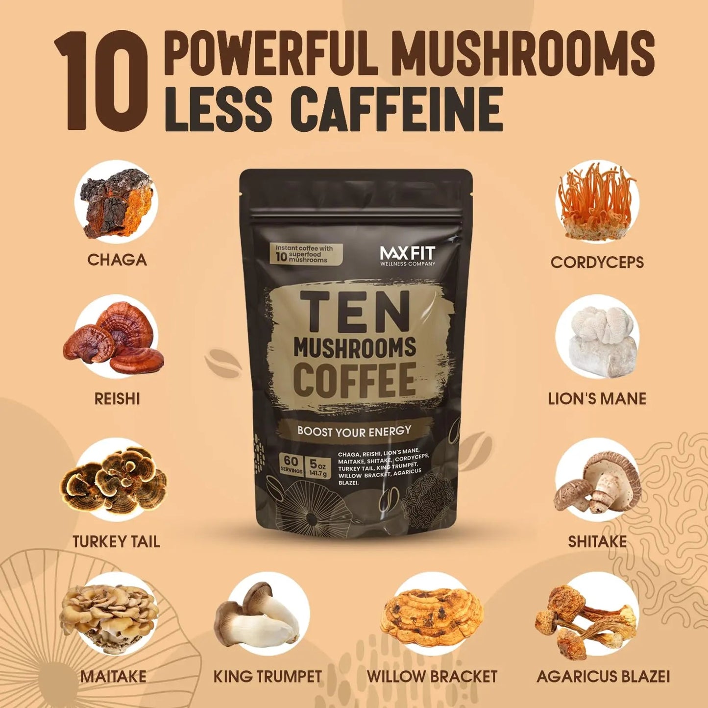 Mushroom Coffee Organic (60 Servings) 10 Mushrooms (Lion’s Mane, Cordyceps, Turkey Tail & Other) Mixed With Gourmet Arabica Instant Immune Boosting Coffee for Focus & Gut Health Support - North State Signs & Printing