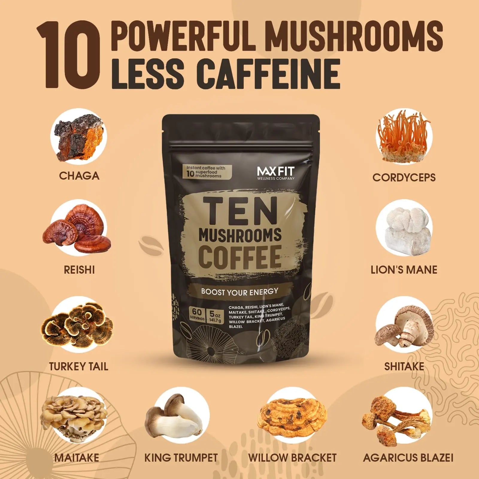 Mushroom Coffee Organic (60 Servings) 10 Mushrooms (Lion’s Mane, Cordyceps, Turkey Tail & Other) Mixed With Gourmet Arabica Instant Immune Boosting Coffee for Focus & Gut Health Support - North State Signs & Printing