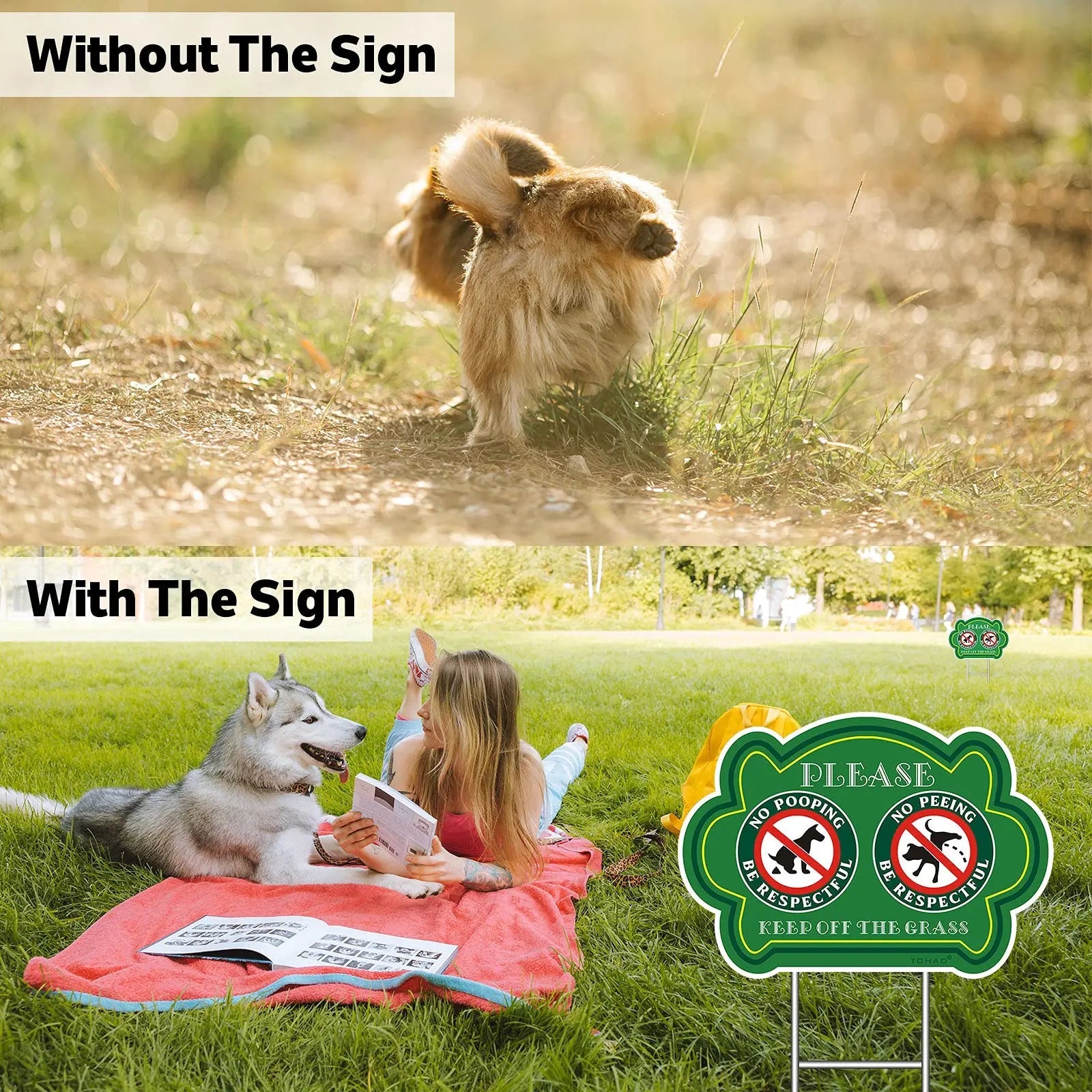 No Peeing and No Pooping Dog Sign 2 Pack, Double Sided Please Be Respectful Keep Off The Grass Yard Signs with Metal Wire H - Stakes, 14" x 10", UV Protected & Waterproof, Outdoor Use - North State Signs & Printing
